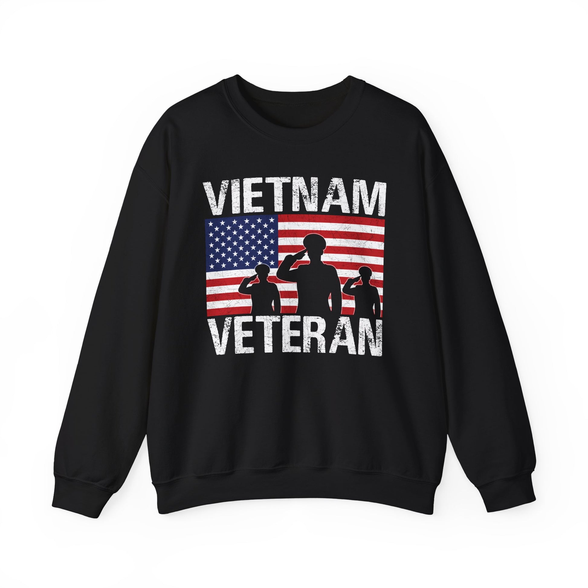 Black Vietnam Veteran sweatshirt with American flag and three saluting soldiers