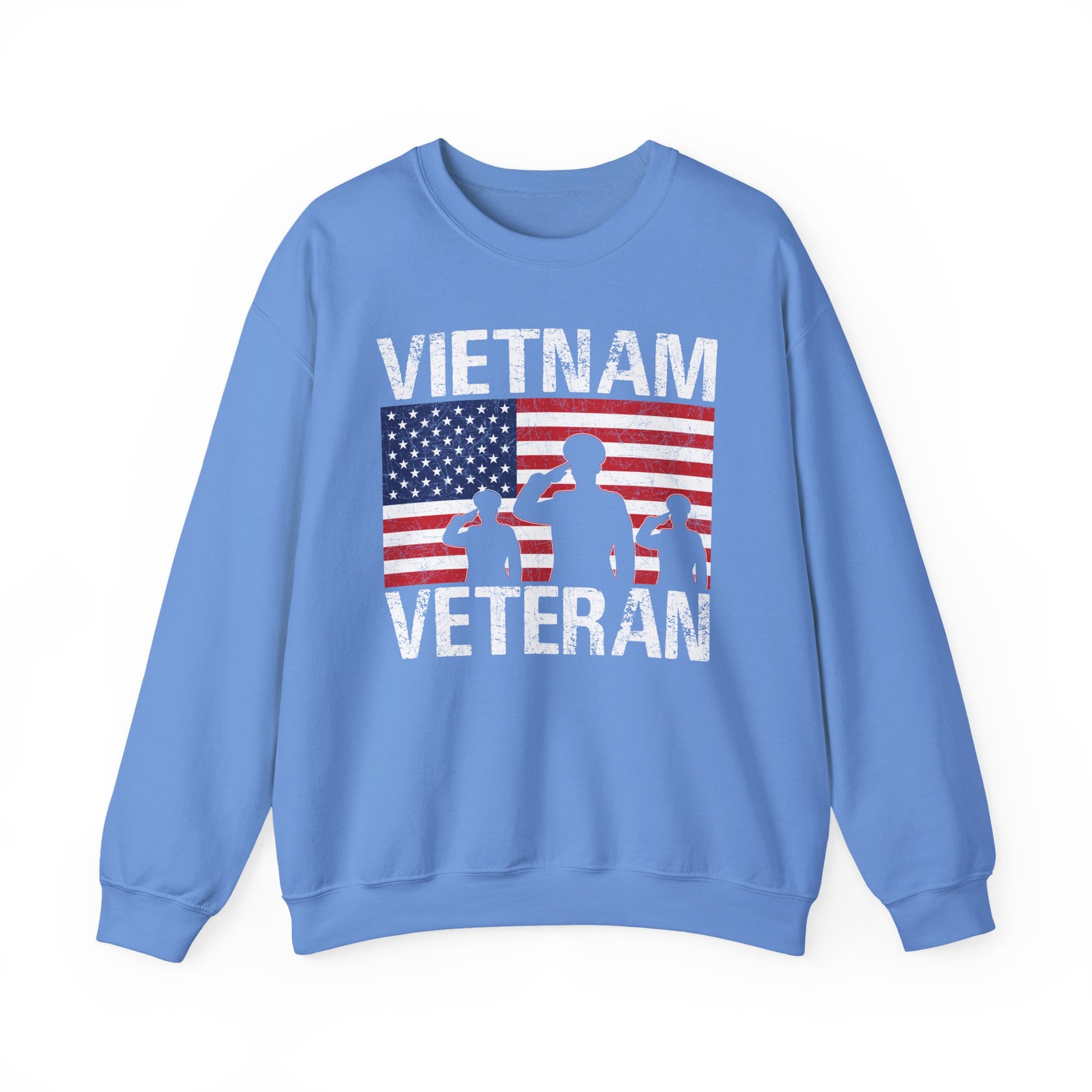 Carolina blue Vietnam Veteran sweatshirt with American flag and three saluting soldiers
