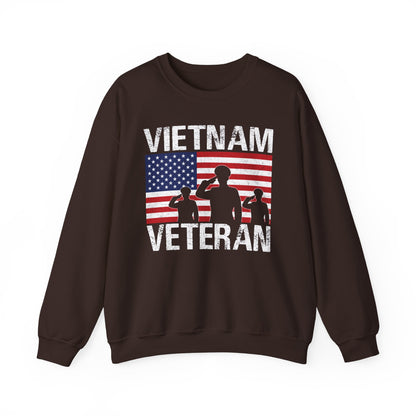 Dark chocolate Vietnam Veteran sweatshirt with American flag and three saluting soldiers