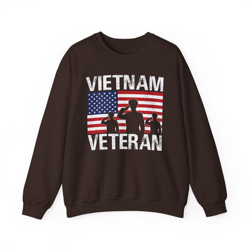 Dark chocolate Vietnam Veteran sweatshirt with American flag and three saluting soldiers