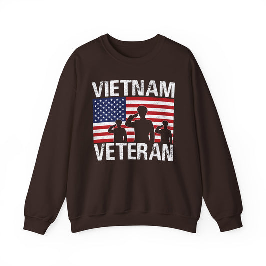Dark chocolate Vietnam Veteran sweatshirt with American flag and three saluting soldiers