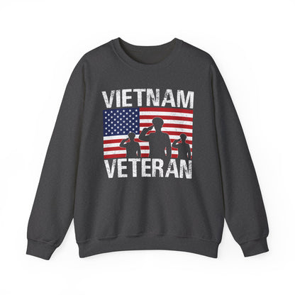 Dark heather Vietnam Veteran sweatshirt with American flag and three saluting soldiers