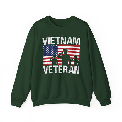 Forest green Vietnam Veteran sweatshirt with American flag and three saluting soldiers