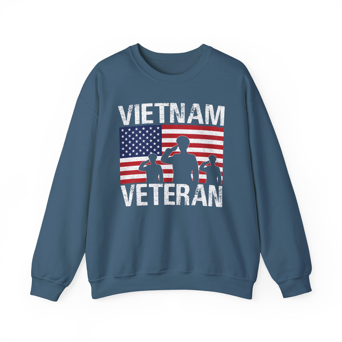 Indigo blue Vietnam Veteran sweatshirt with American flag and three saluting soldiers