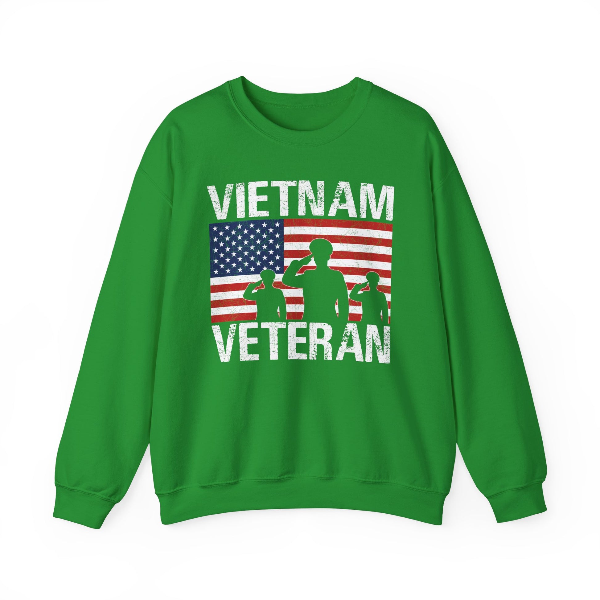 Irish green Vietnam Veteran sweatshirt with American flag and three saluting soldiers