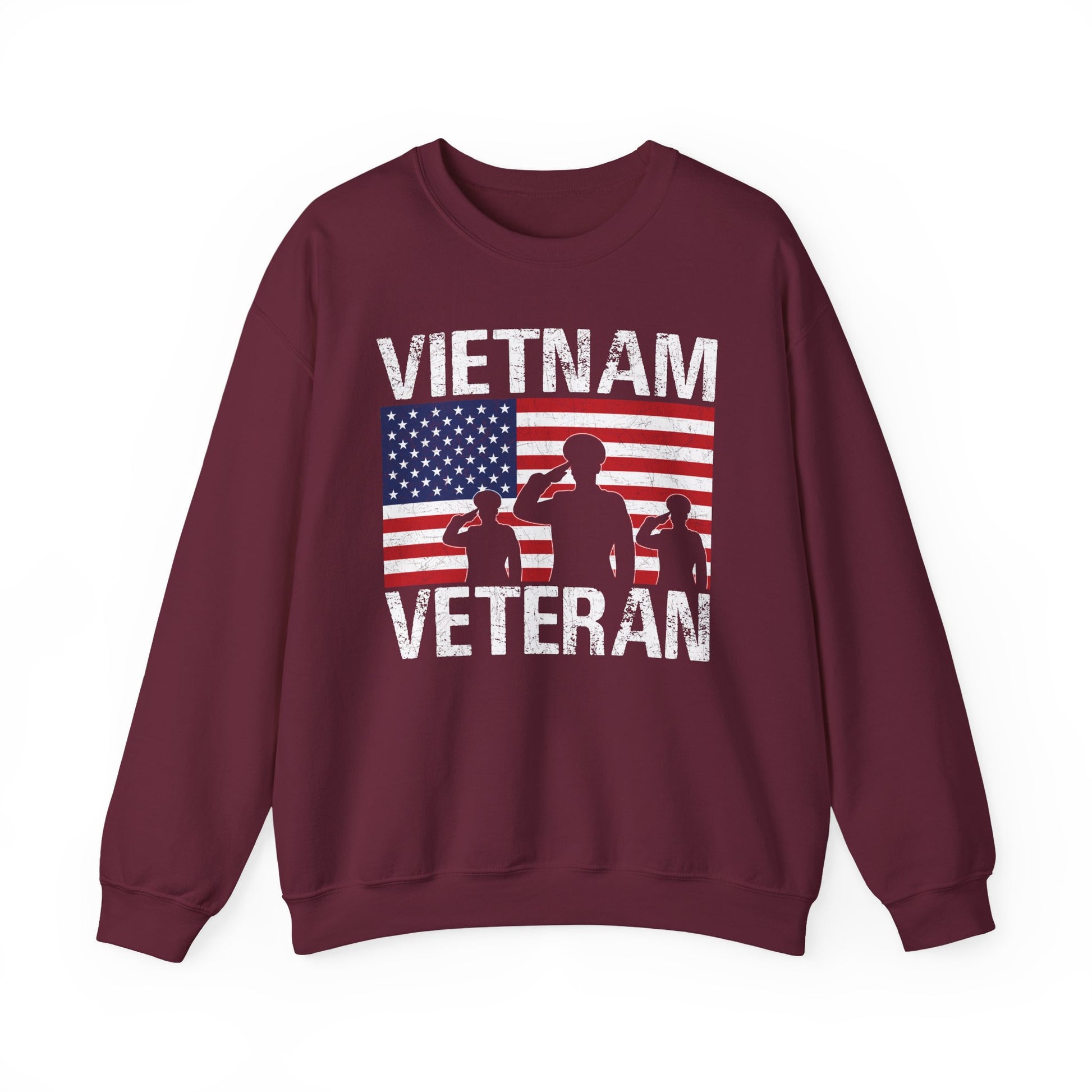 Maroon Vietnam Veteran sweatshirt with American flag and three saluting soldiers