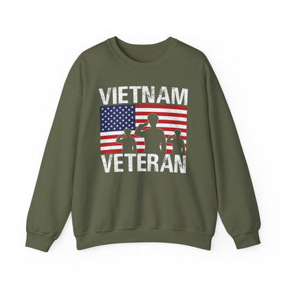 Military green Vietnam Veteran sweatshirt with American flag and three saluting soldiers