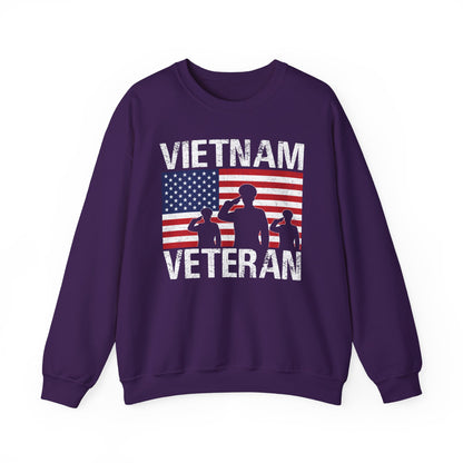 Purple Vietnam Veteran sweatshirt with American flag and three saluting soldiers