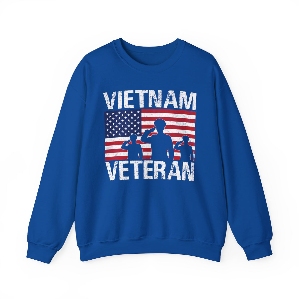 Royal blue Vietnam Veteran sweatshirt with American flag and three saluting soldiers