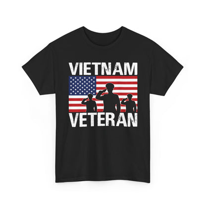 Black Vietnam Veteran t-shirt with American flag and three saluting soldiers