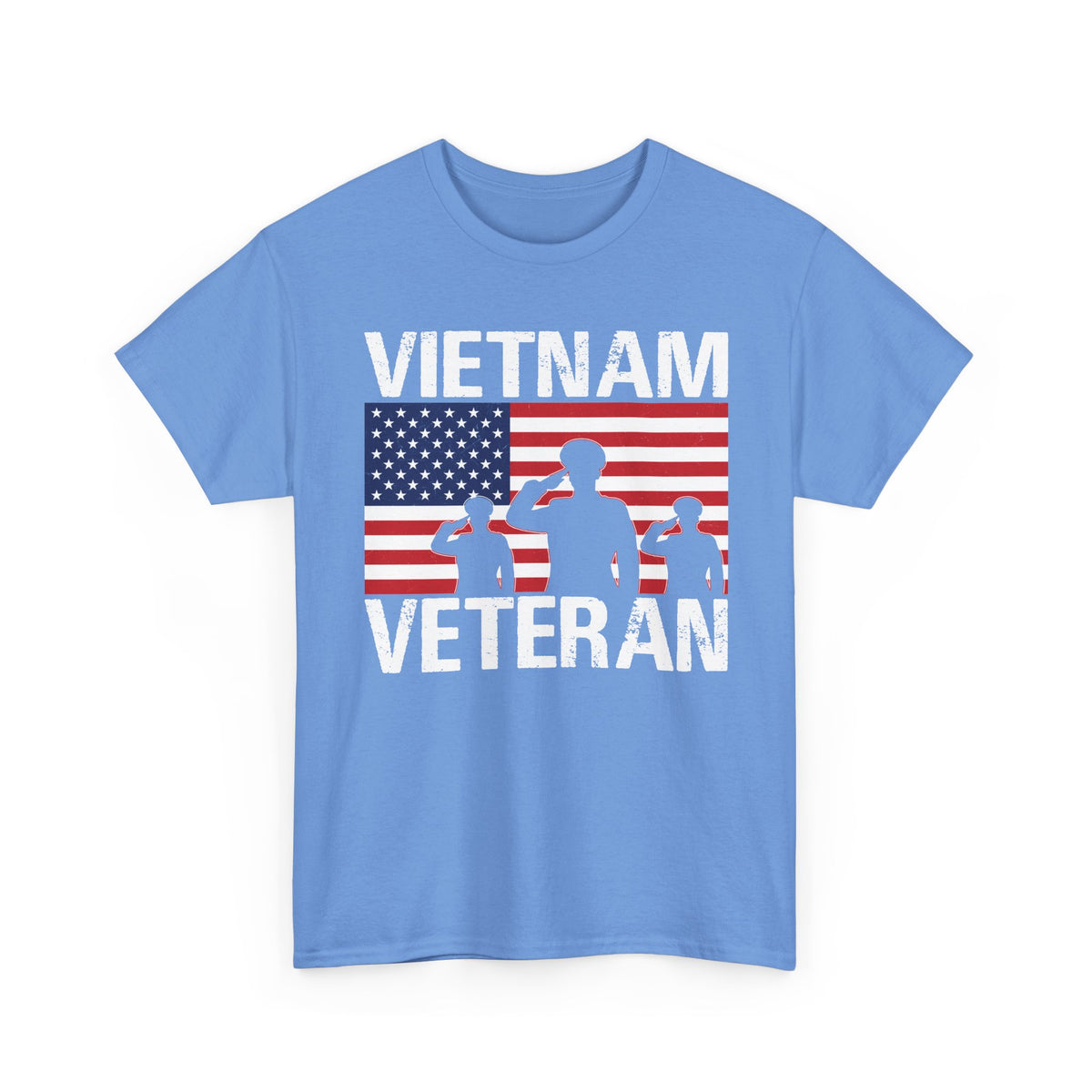 Carolina blue Vietnam Veteran t-shirt with American flag and three saluting soldiers