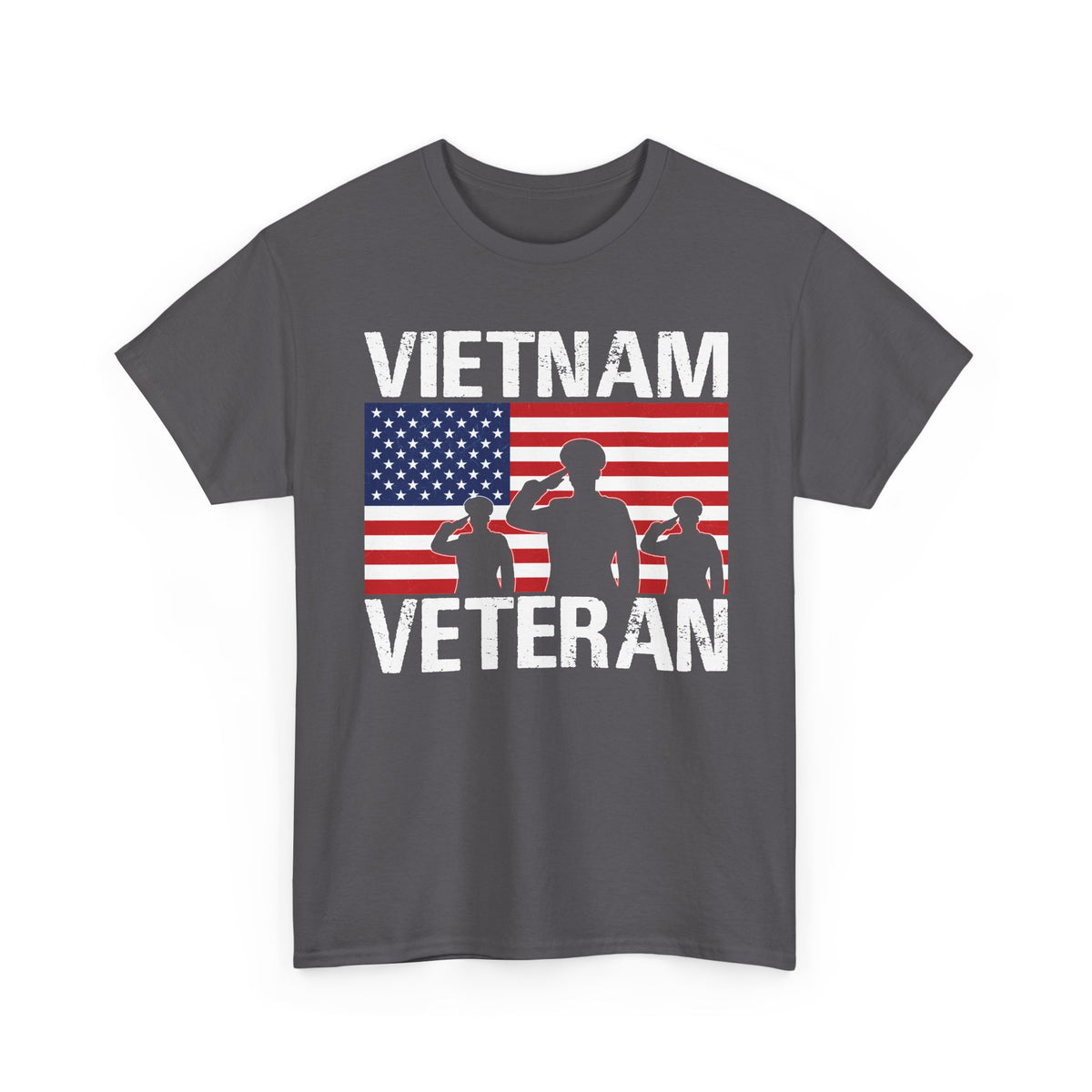 Charcoal Vietnam Veteran t-shirt with American flag and three saluting soldiers
