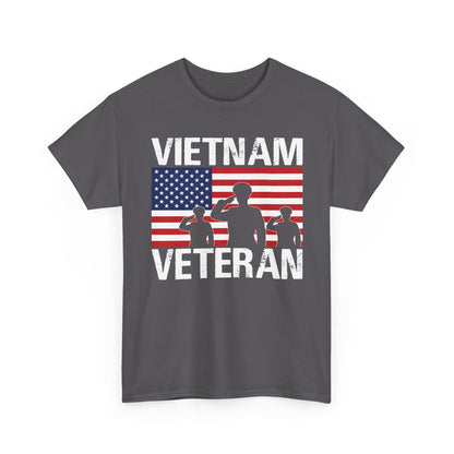 Charcoal Vietnam Veteran t-shirt with American flag and three saluting soldiers