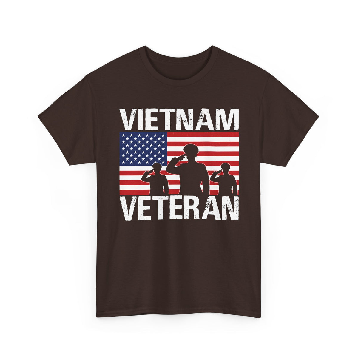 Dark chocolate Vietnam Veteran t-shirt with American flag and three saluting soldiers