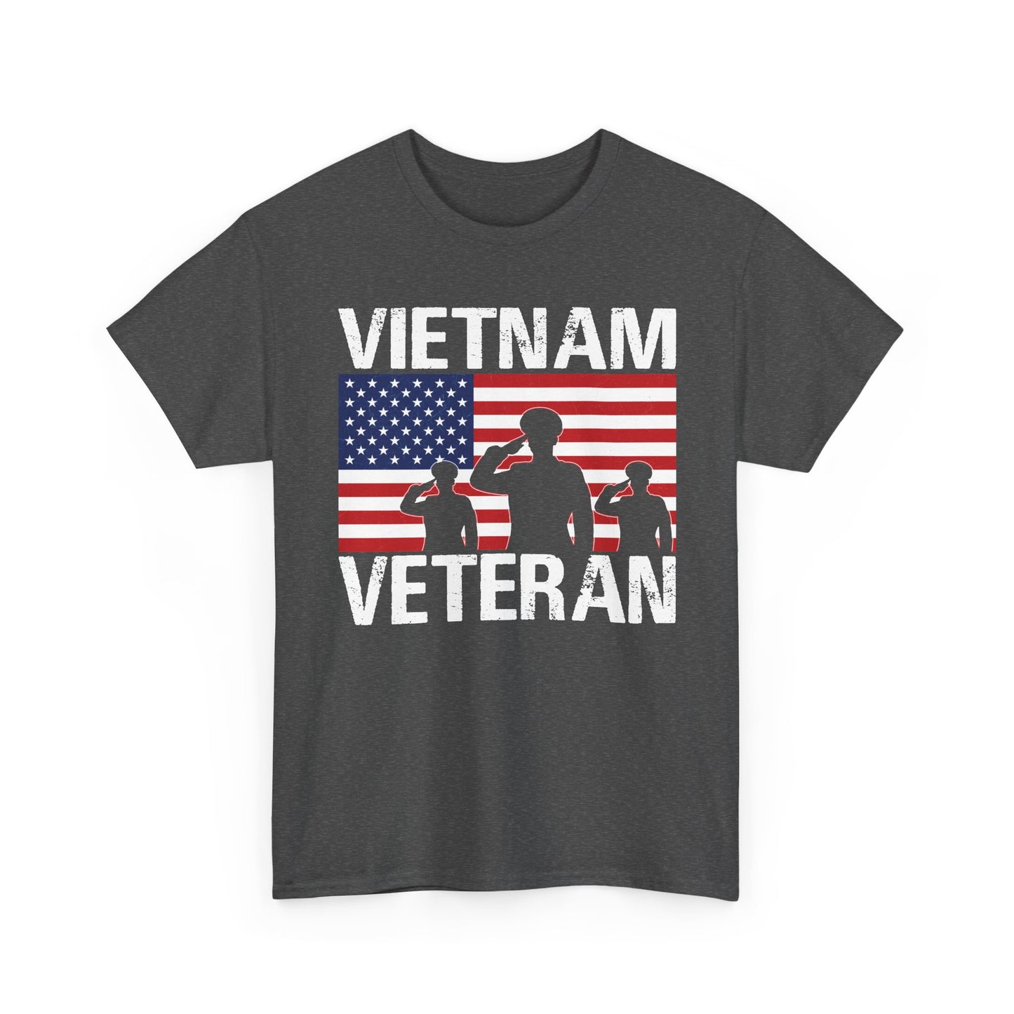 Dark heather Vietnam Veteran t-shirt with American flag and three saluting soldiers