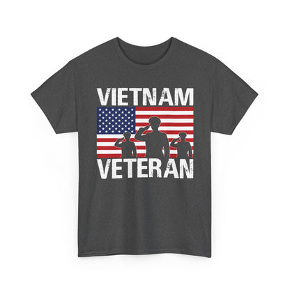 Dark heather Vietnam Veteran t-shirt with American flag and three saluting soldiers