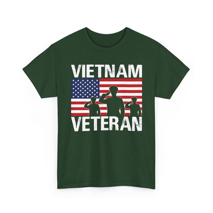 Forest green Vietnam Veteran t-shirt with American flag and three saluting soldiers