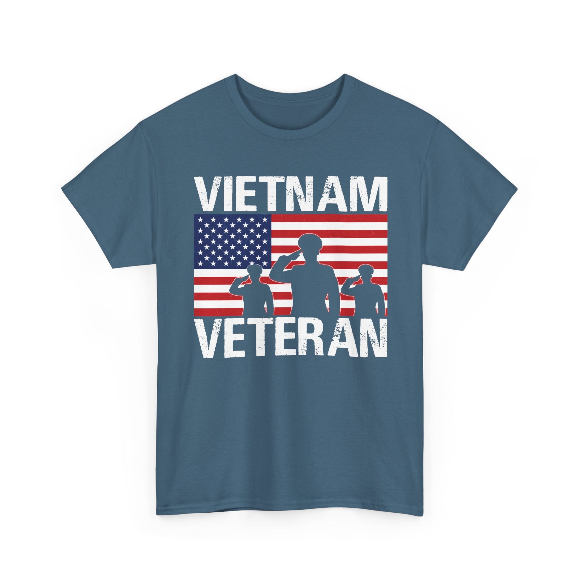 Indigo blue Vietnam Veteran t-shirt with American flag and three saluting soldiers