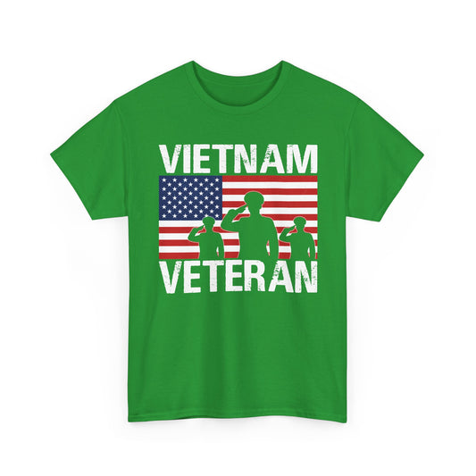 Irish green Vietnam Veteran t-shirt with American flag and three saluting soldiers