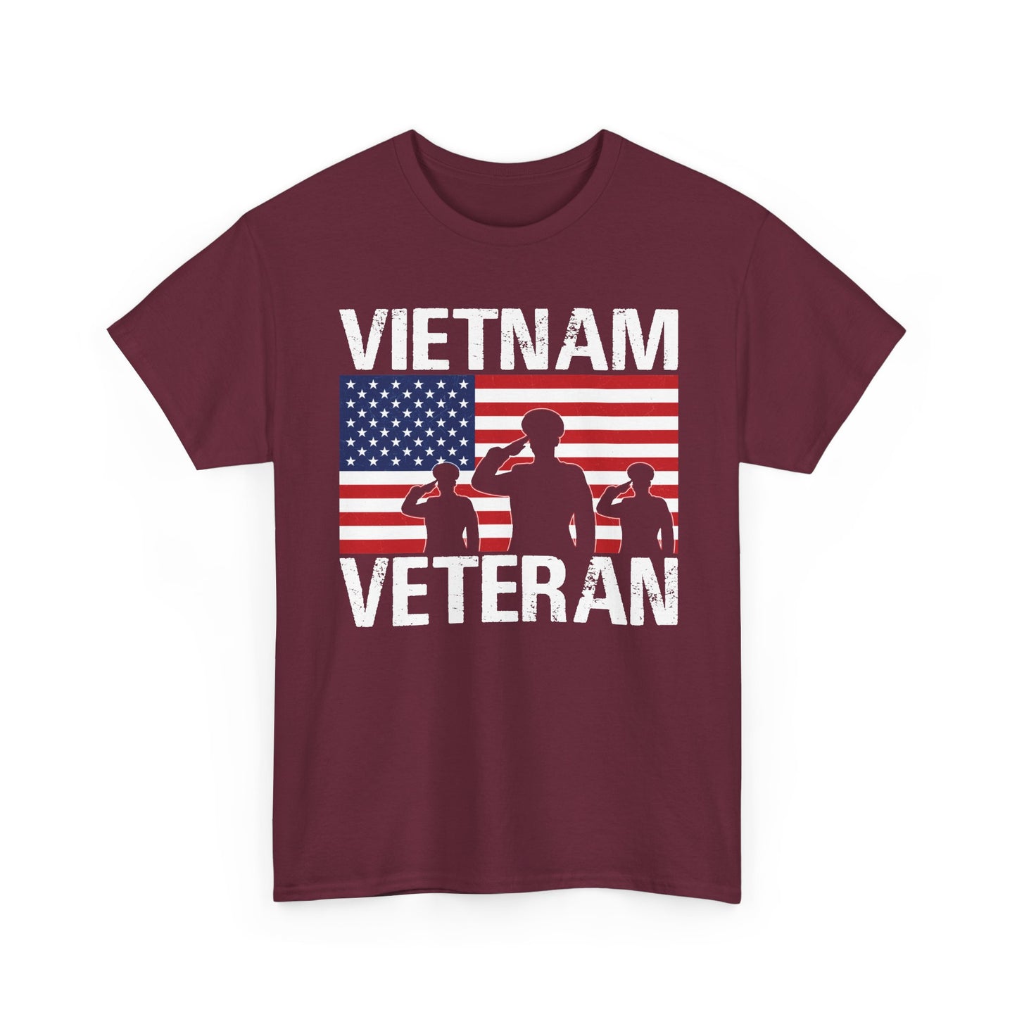 Maroon Vietnam Veteran t-shirt with American flag and three saluting soldiers