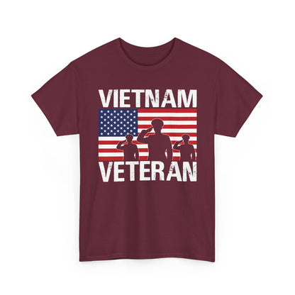 Maroon Vietnam Veteran t-shirt with American flag and three saluting soldiers