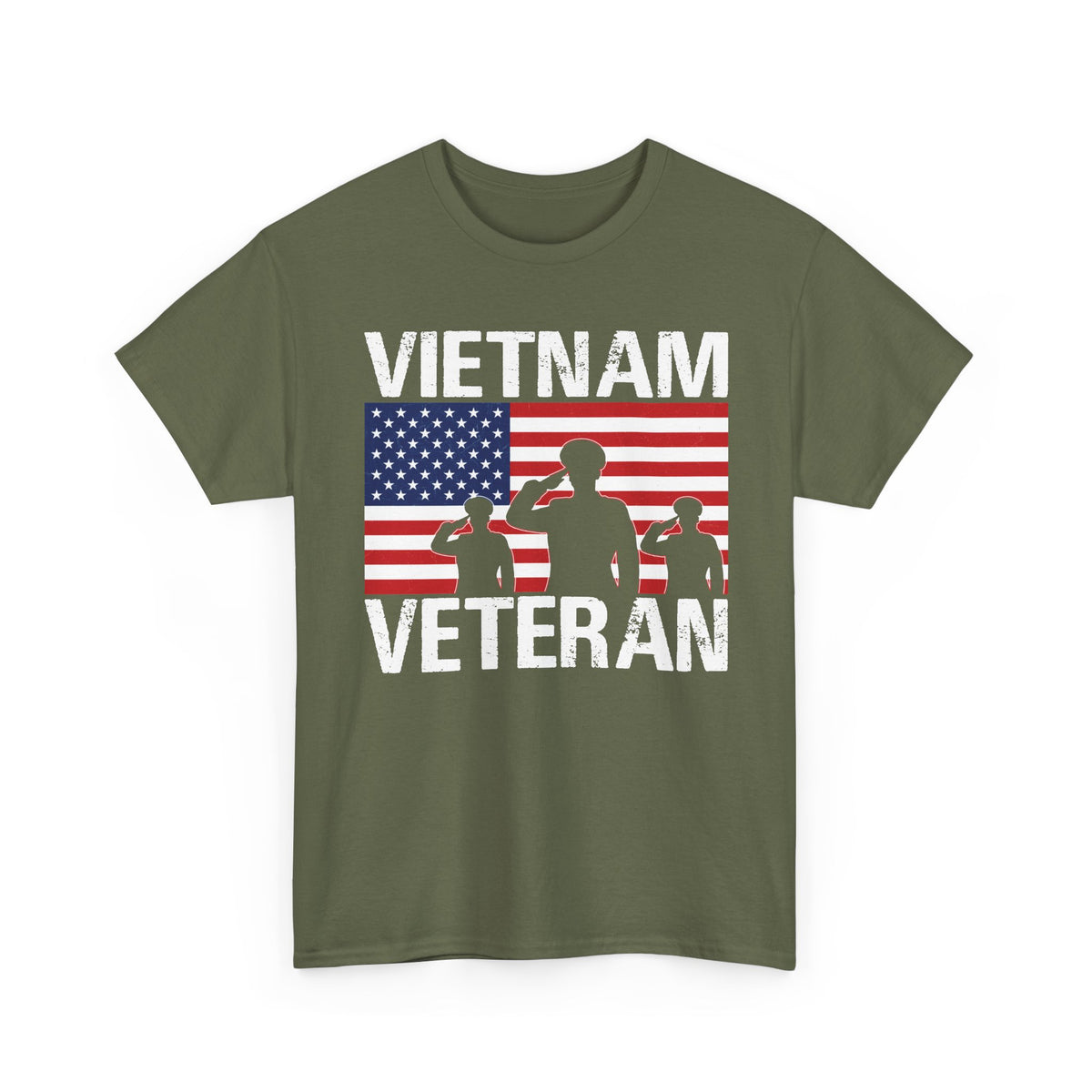 Military green Vietnam Veteran t-shirt with American flag and three saluting soldiers