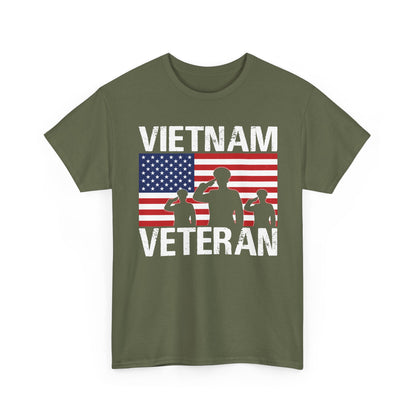 Military green Vietnam Veteran t-shirt with American flag and three saluting soldiers