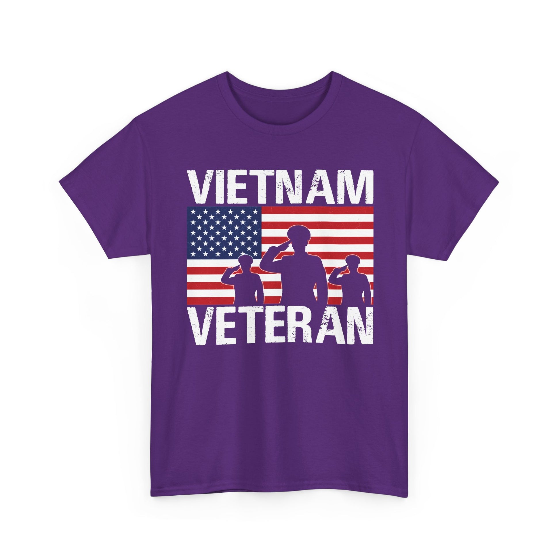 Purple Vietnam Veteran t-shirt with American flag and three saluting soldiers