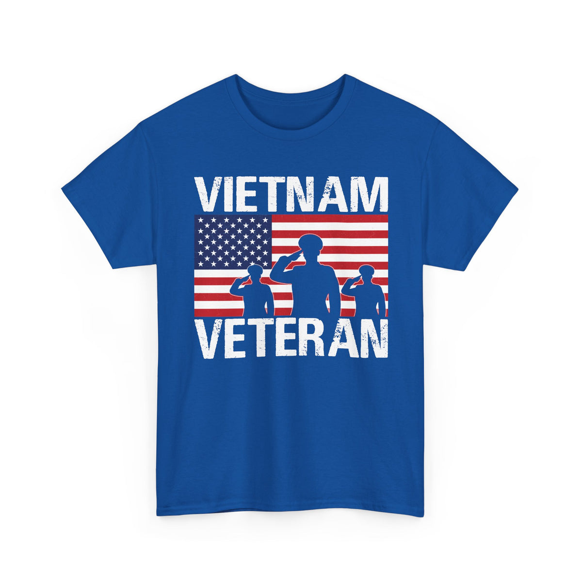 Royal blue Vietnam Veteran t-shirt with American flag and three saluting soldiers