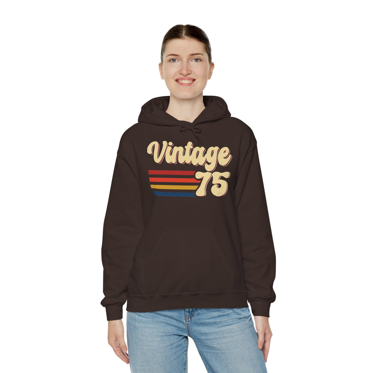 Man wearing the Vintage 75 retro stripes hoodie