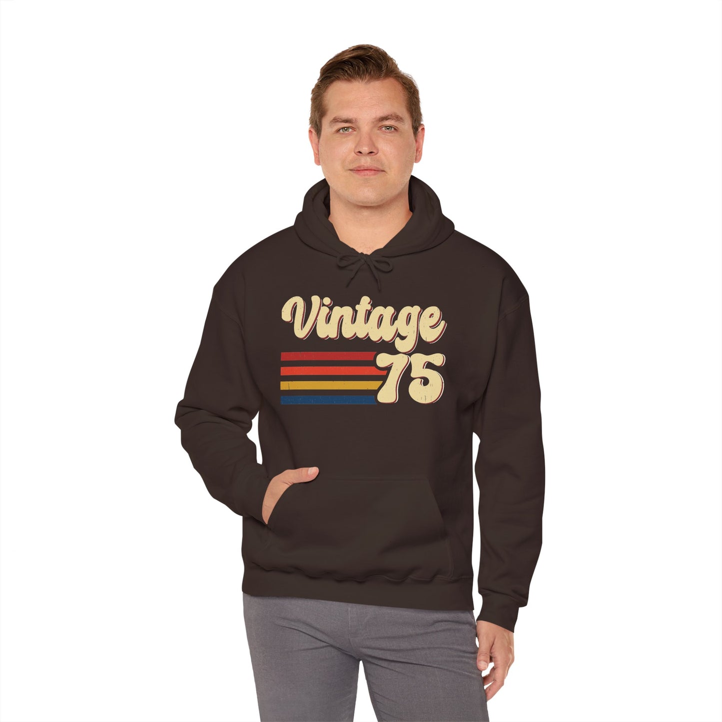 Woman wearing the Vintage 75 retro stripes hoodie