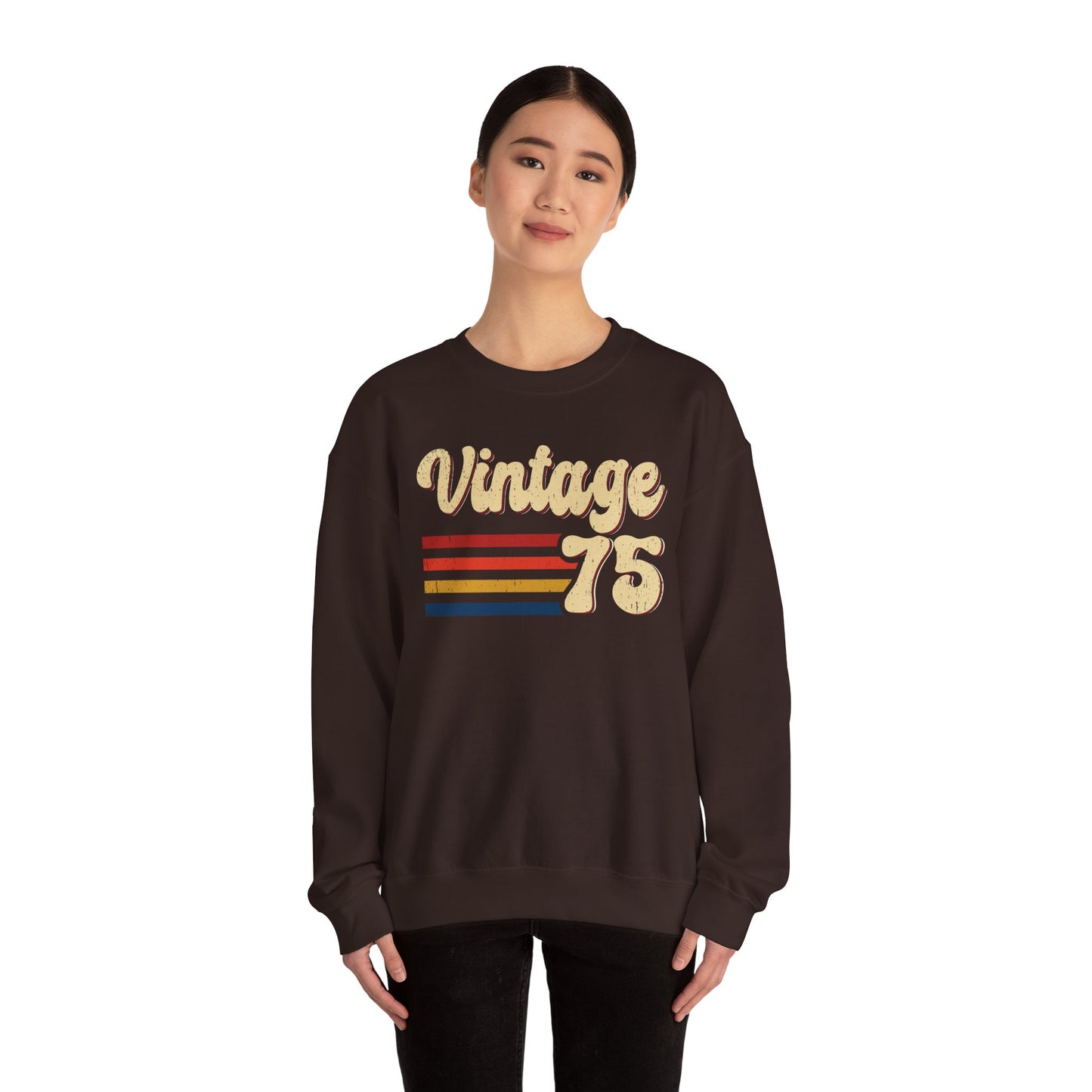 Woman wearing the Vintage 75 retro stripes sweatshirt, front view