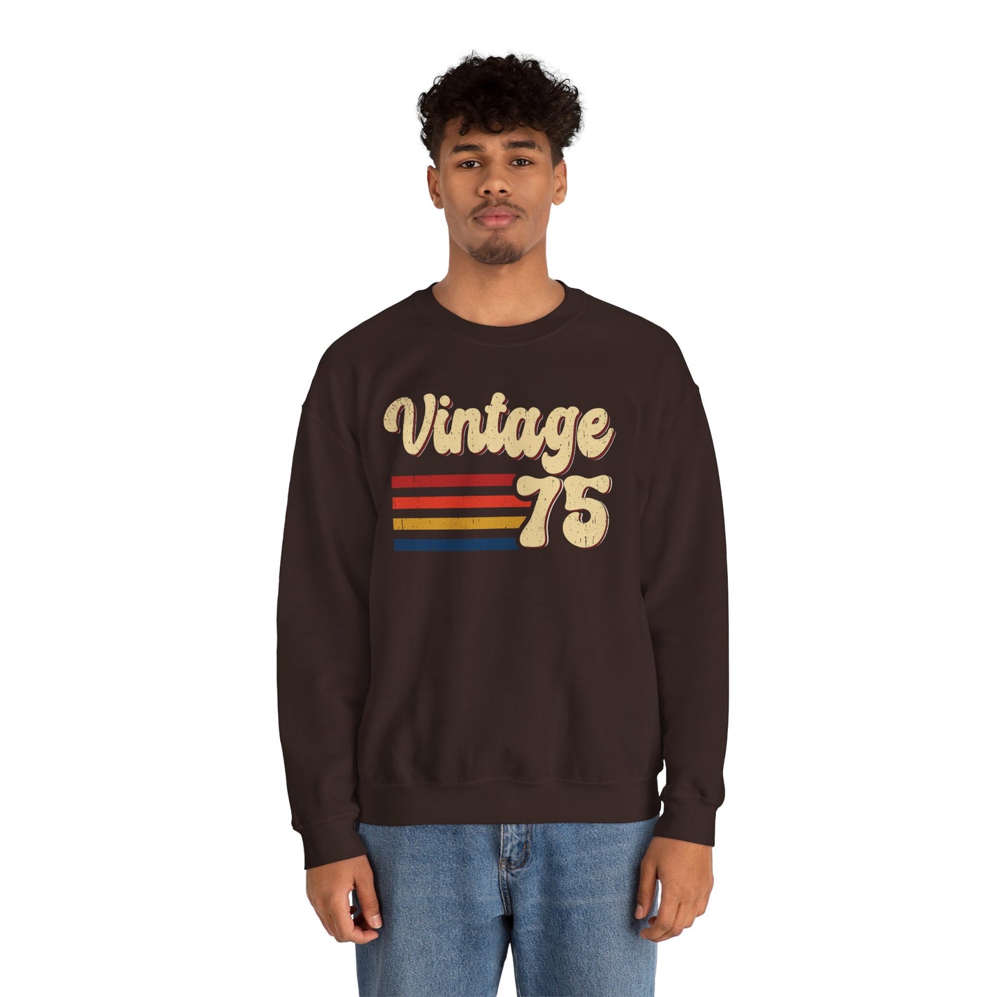 Woman wearing the Vintage 75 retro stripes sweatshirt, side view