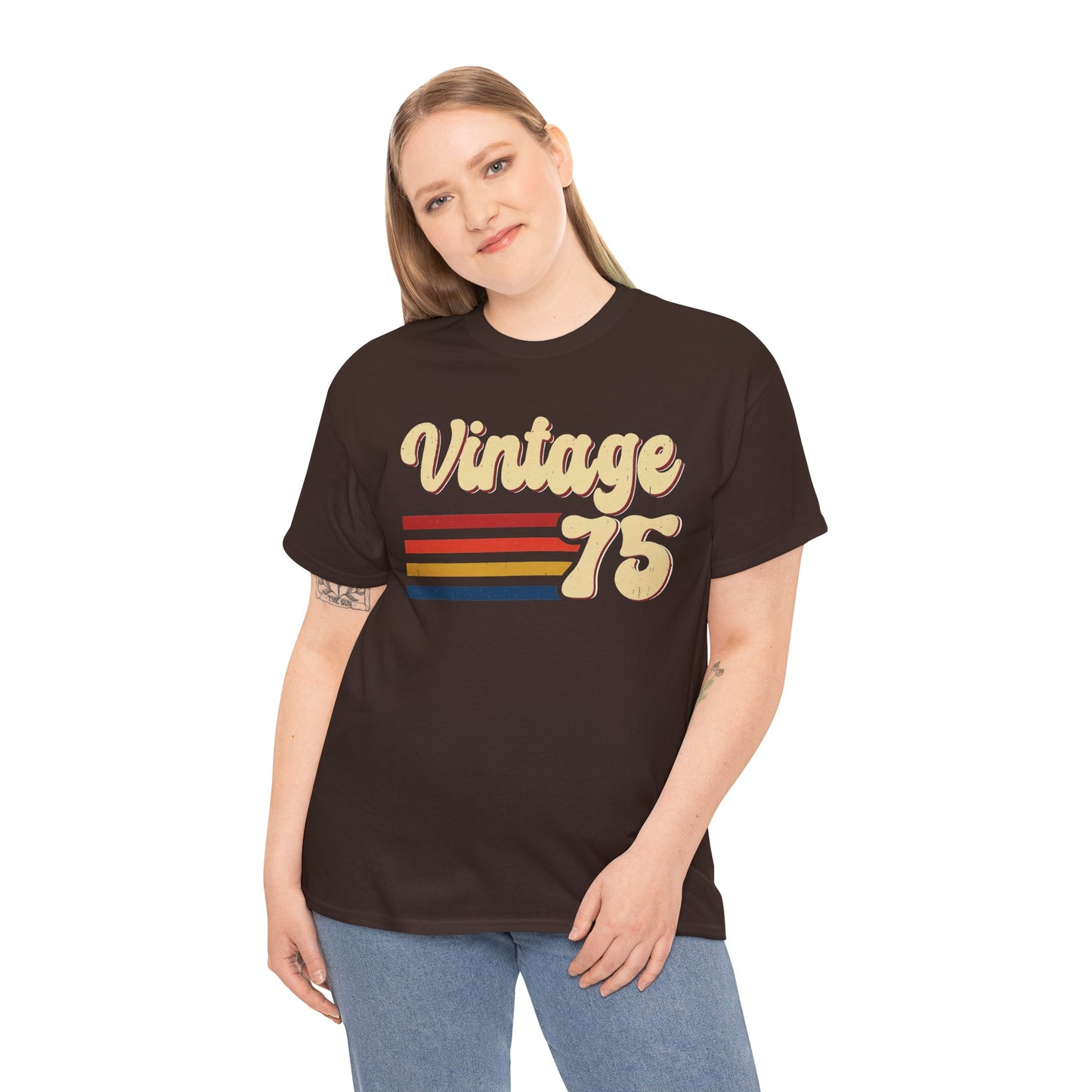 Woman wearing the Vintage 75 retro stripes t-shirt