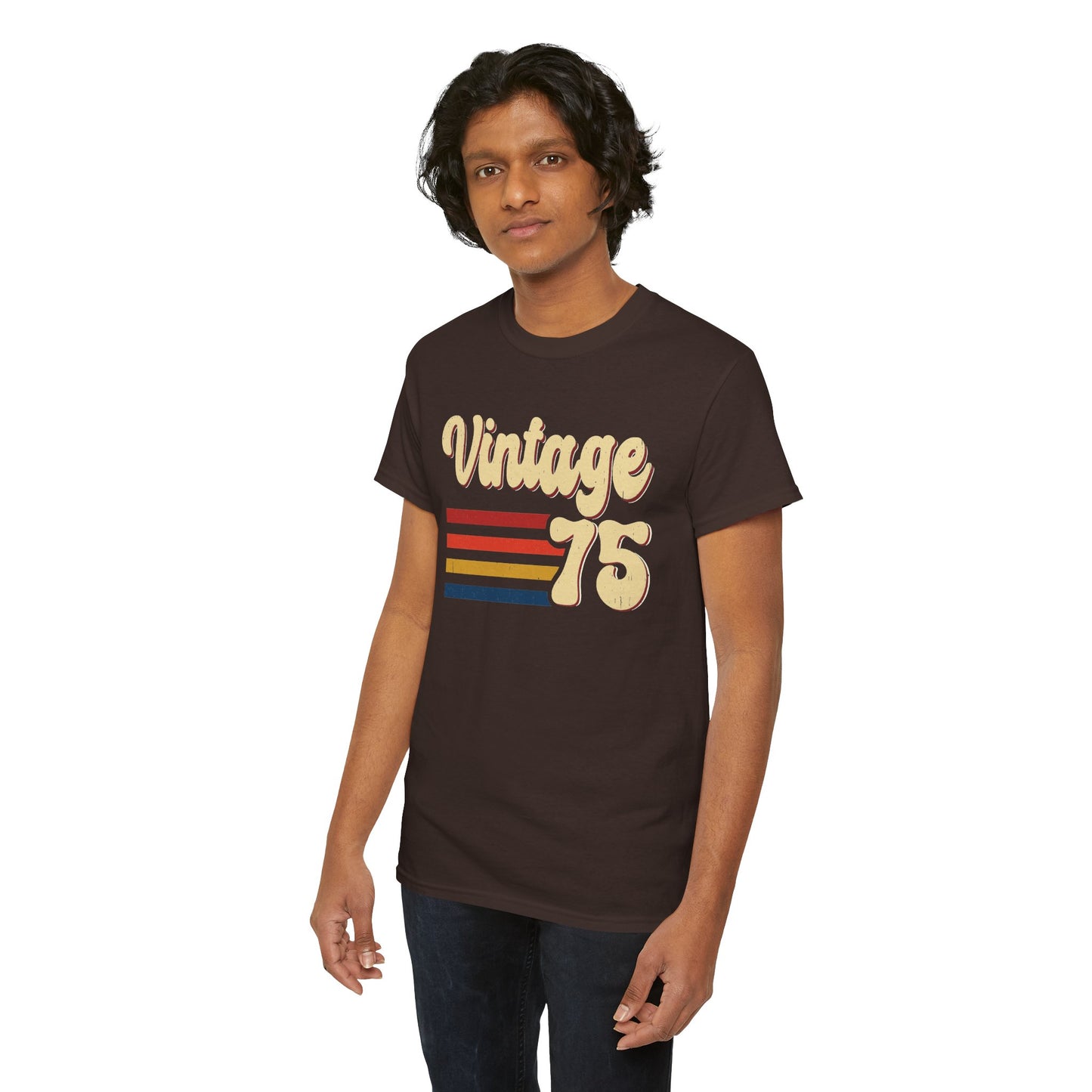 Man wearing the Vintage 75 retro stripes t-shirt
