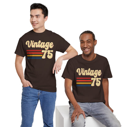 Two men wearing the Vintage 75 retro stripes t-shirt