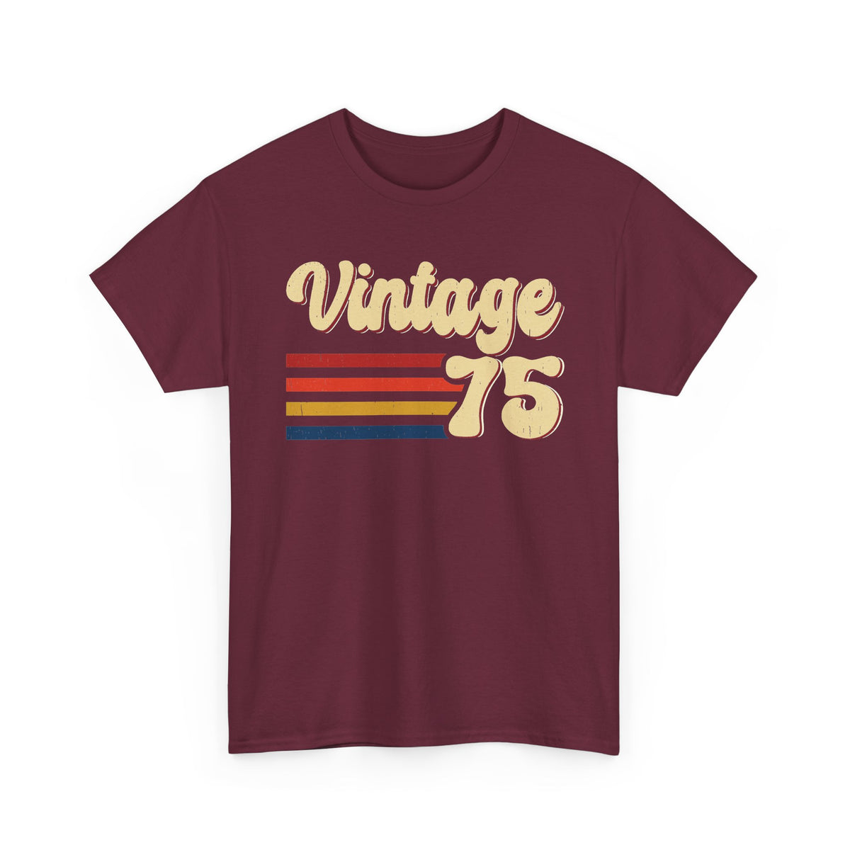 Maroon Vintage 75 retro stripes t-shirt, front view