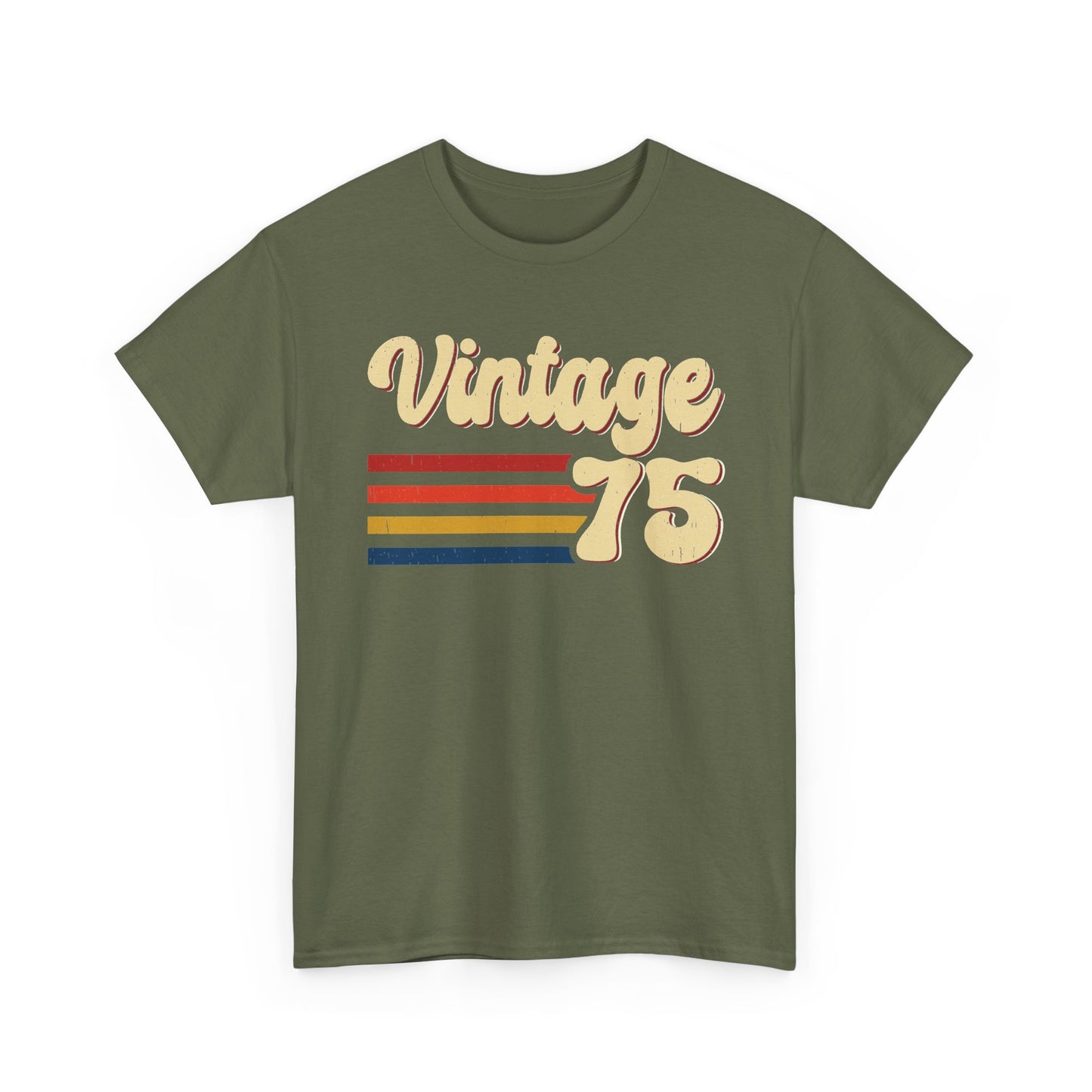Military Green Vintage 75 retro stripes t-shirt, front view