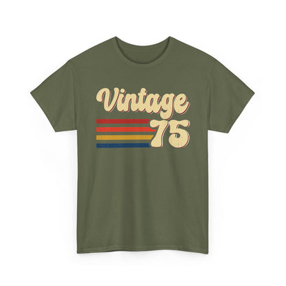 Military Green Vintage 75 retro stripes t-shirt, front view