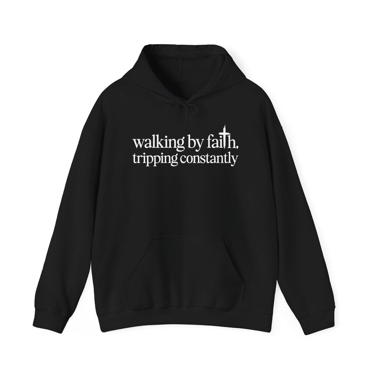 Black Walking By Faith Tripping Constantly hoodie, front view