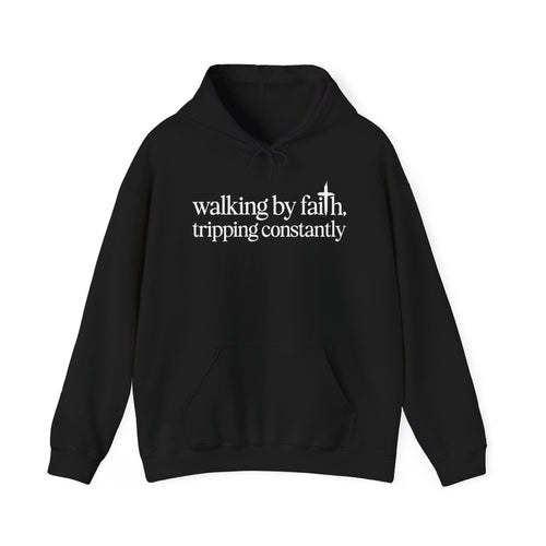 Black Walking By Faith Tripping Constantly hoodie, front view