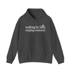 Dark Heather Walking By Faith Tripping Constantly hoodie, front view