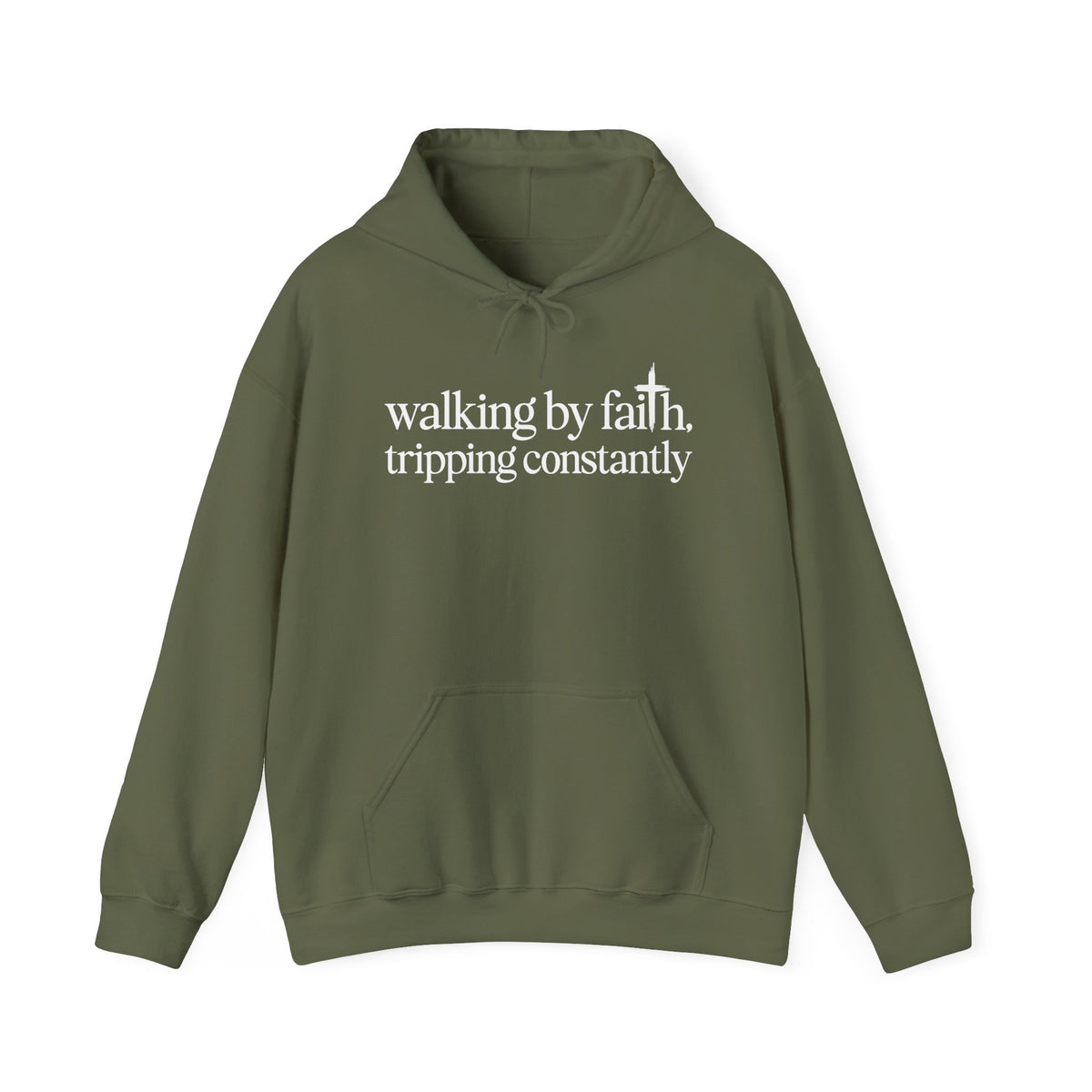 Military Green Walking By Faith Tripping Constantly hoodie, front view