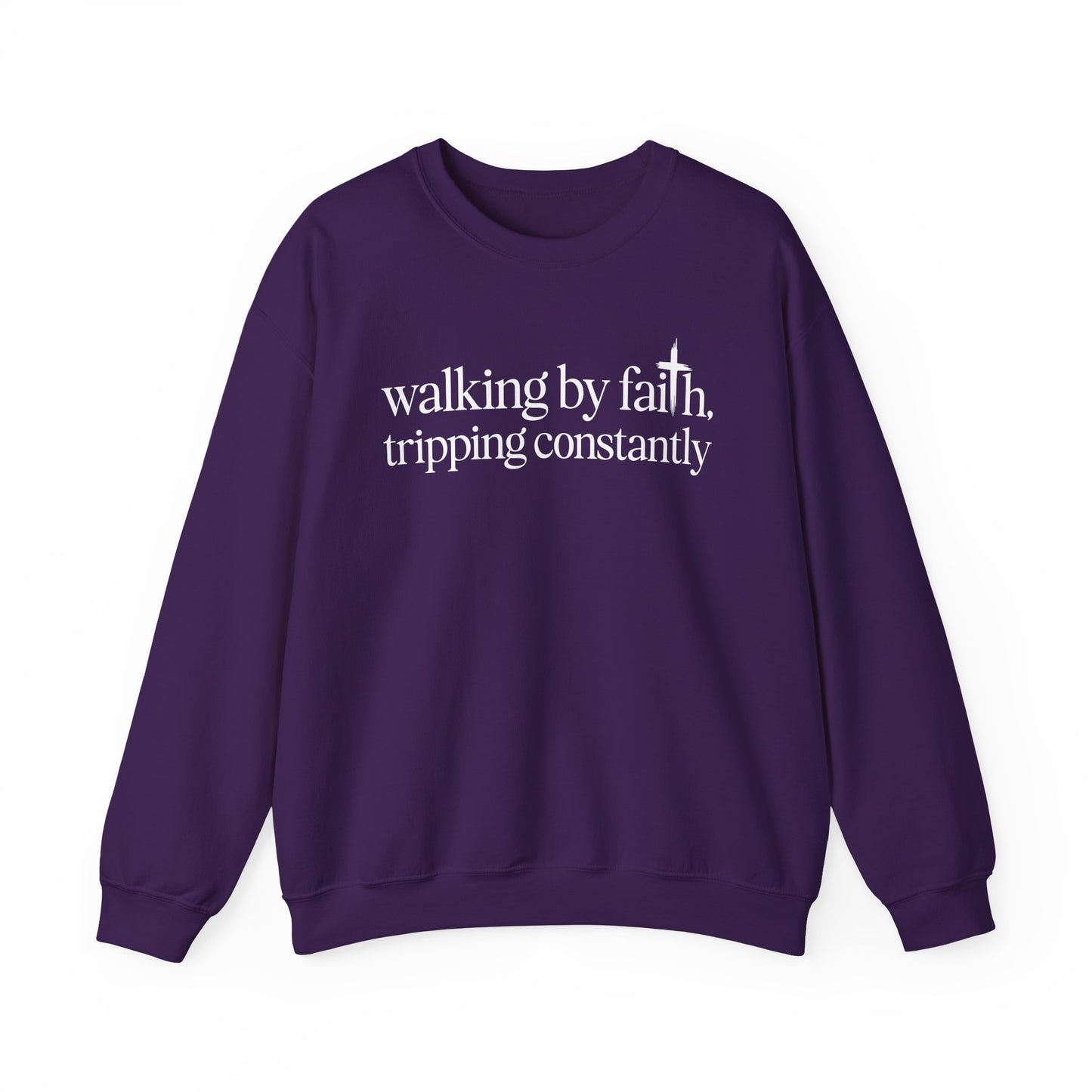 Purple Walking By Faith Tripping Constantly sweatshirt, front view