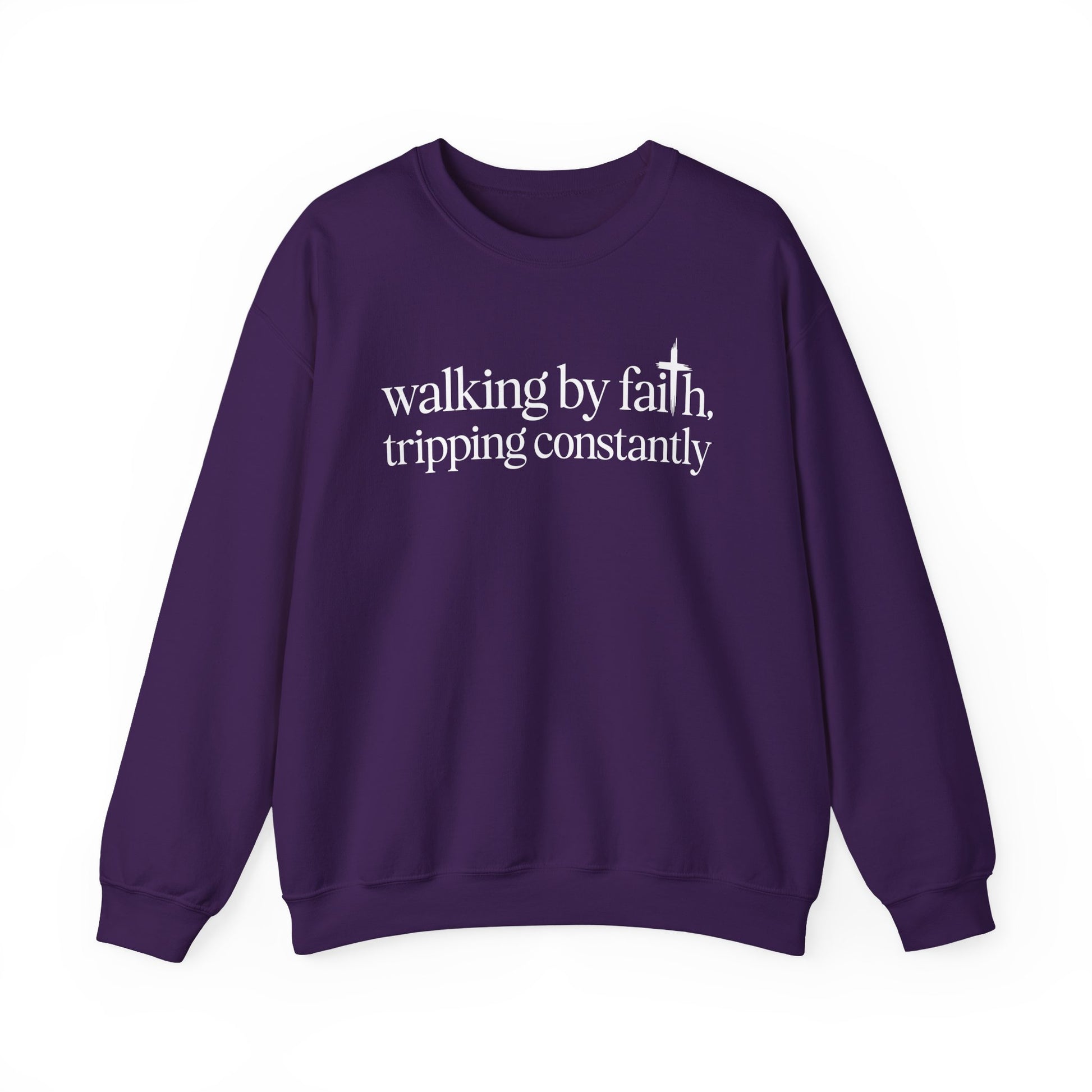 Purple Walking By Faith Tripping Constantly sweatshirt, front view