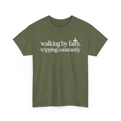 Military Green Walking By Faith Tripping Constantly t-shirt, front view
