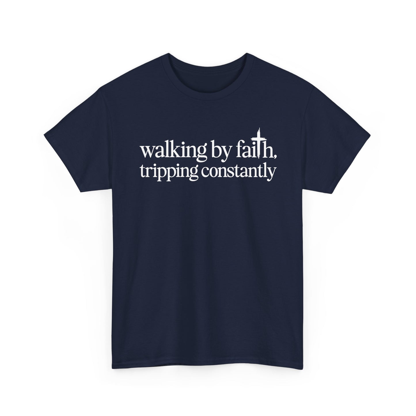 Navy Walking By Faith Tripping Constantly t-shirt, front view