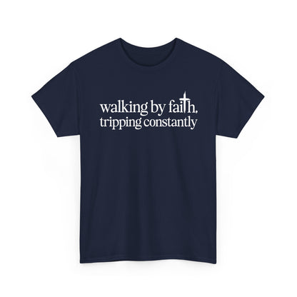 Navy Walking By Faith Tripping Constantly t-shirt, front view