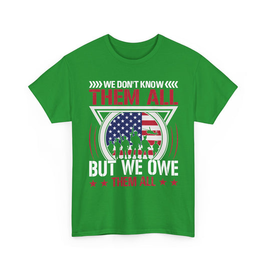 Irish Green We Don't Know Them All But We Owe Them All t-shirt with soldier silhouette, front view