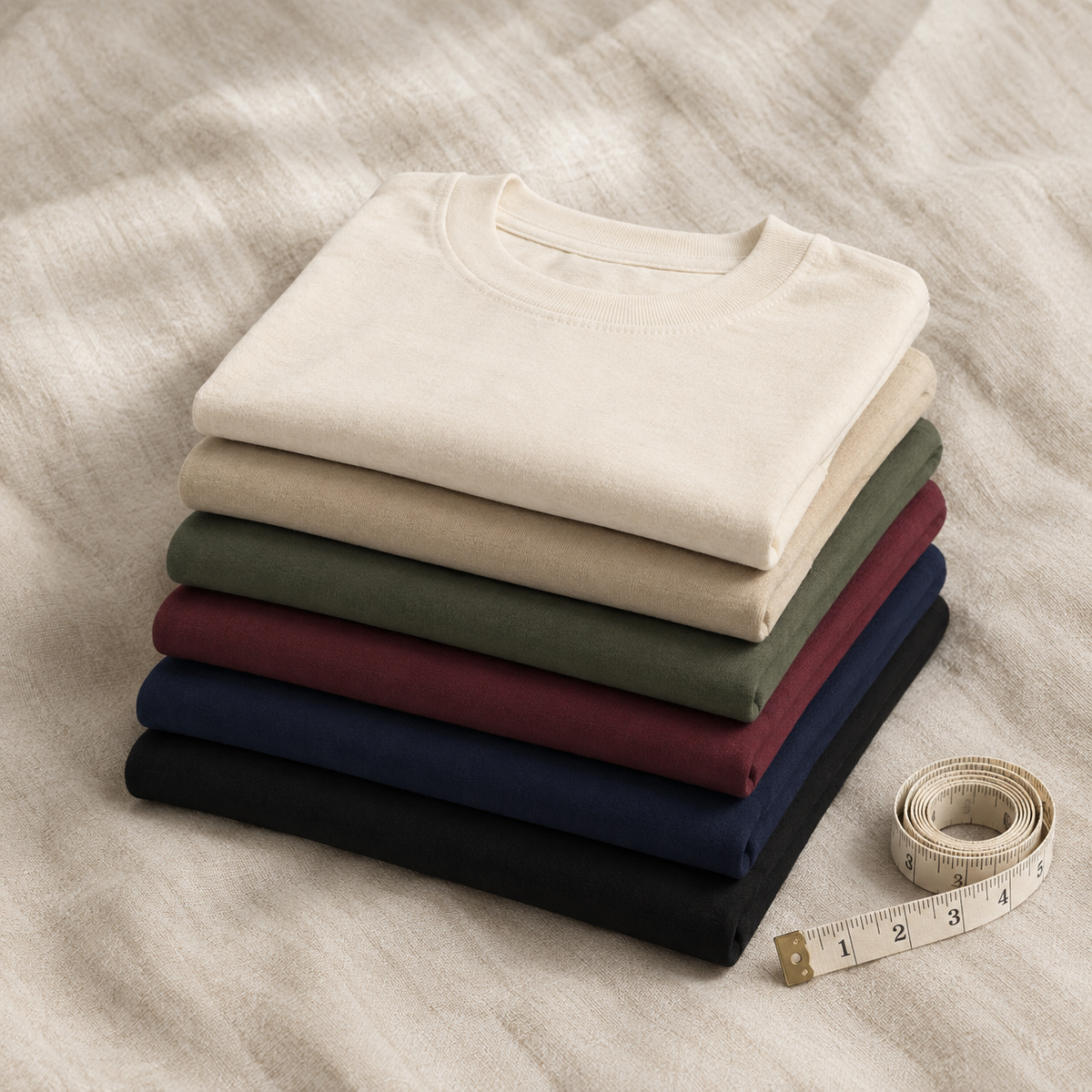 Stack of folded cotton t-shirts in six colours with a measuring tape